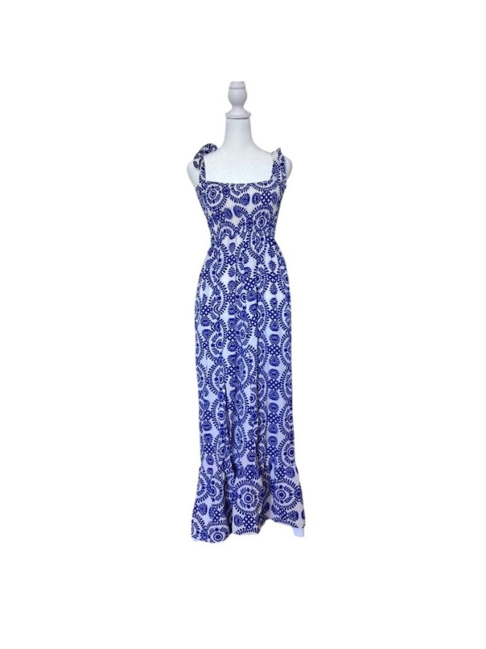 Coastal Boho Colbalt Blue Maxi Sundress Size S Smocked Flowy Resort Vacation - Picture 3 of 11